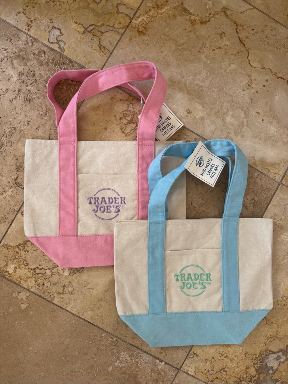 NEW 2 Trader Joe's Canvas Tote Bags SET - Pink AND Blue